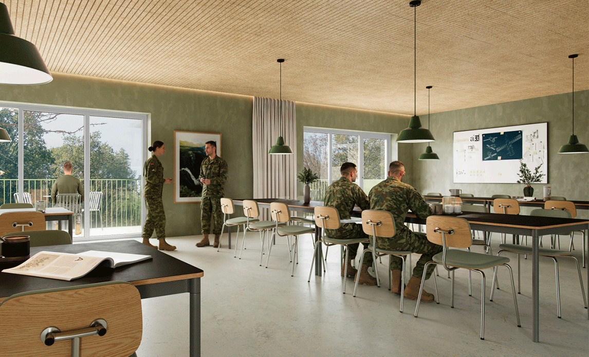Visualisering af fællesrum til ophold og undervisning.