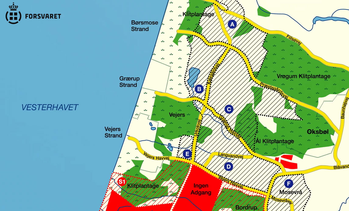 Oversigtskort over Forsvarets skydebaner A-F ved Oksbøl