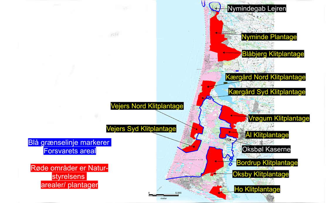 Kort over Forsvarets sikkerhedsmæssige afspærringer i området mellem Nymindegab og Skallingen.