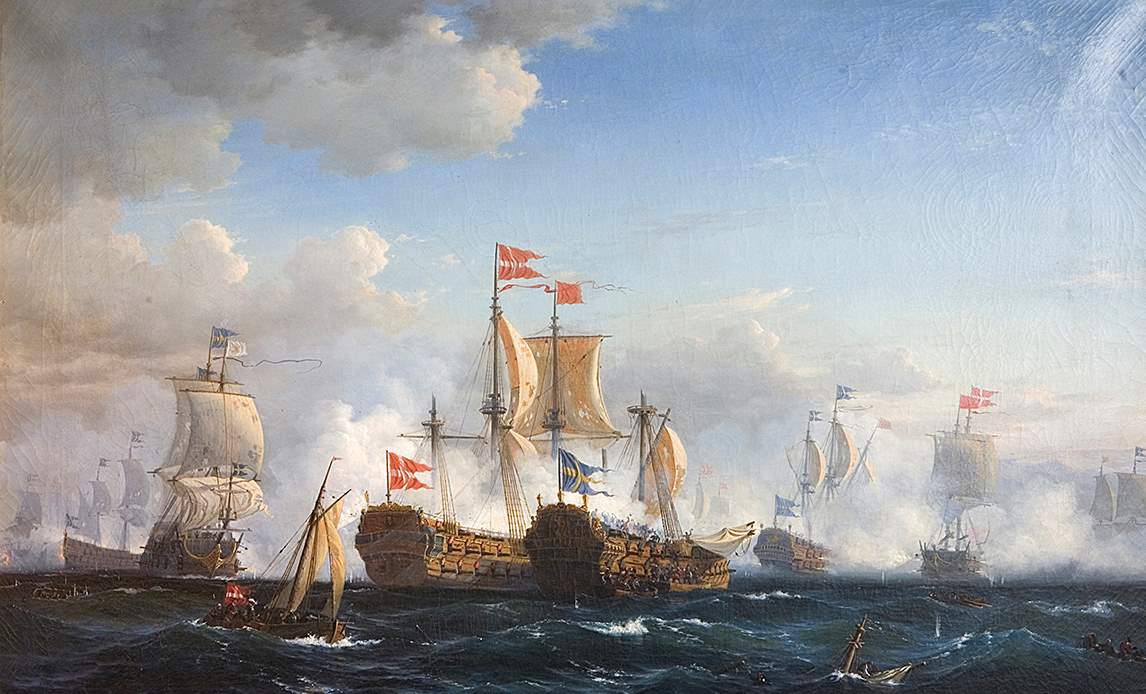 Slaget i Køge Bugt 1. juli 1677. Søværnets "finest hour" i Danmarkshistorien: En dansk flåde på 27 skibe under admiral Niels Juel slår en svensk flåde på 30 skibe. Svenskerne mistede 8 linieskibe og ca. 4.000 mand. Maleri af Viggo Fauerholt i 1856.