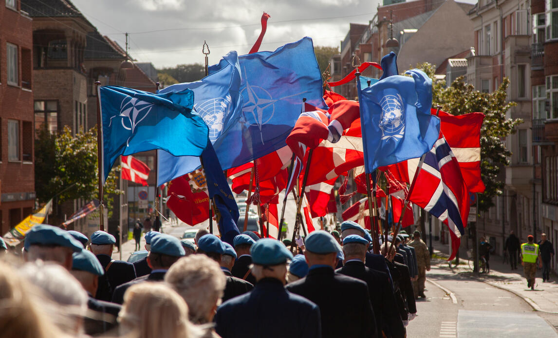 Soldater og veteraner marcherer i Aalborg på flagdagen