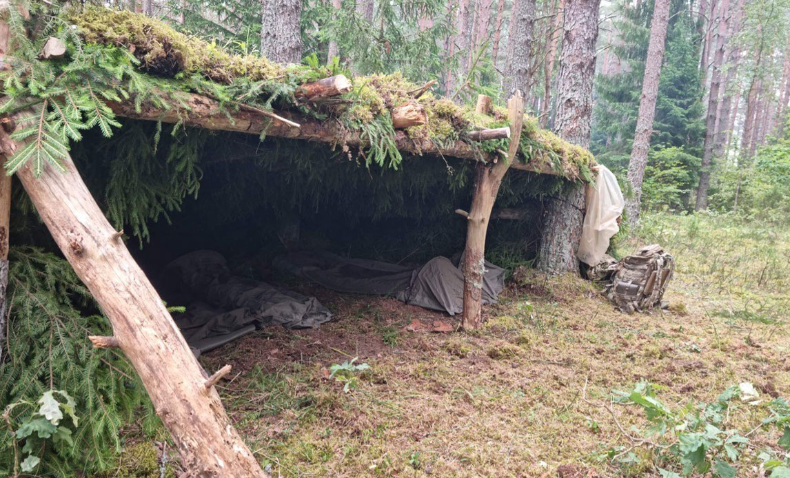Shelter bygget af skovens materialer