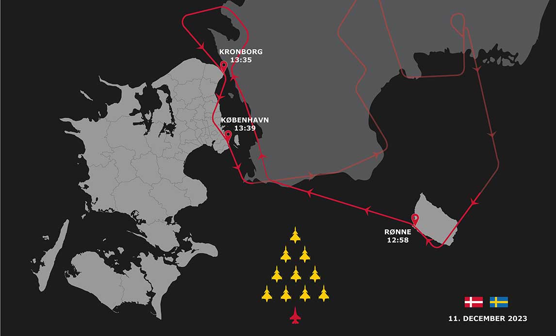Ruten som svenske og et dansk kampfly følger mandag den 11. december
