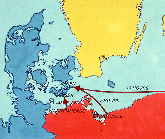 Kort fra Den Kolde Krig 1949-89, som viser at fjenden - Warszawapagtlandene DDR, Polen og Sovjetunionen - meget hurtigt kunne nå dansk område, hvis der blev krig.