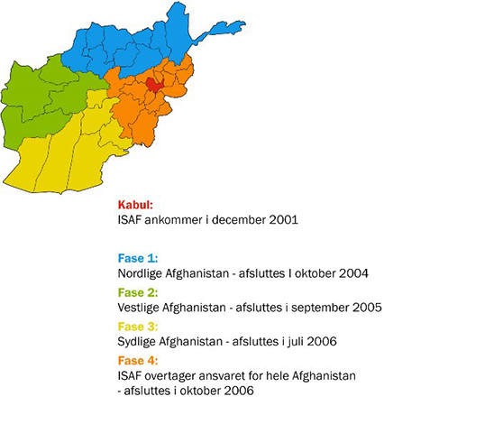 Illustration af de fire faser i NATOs overtagelse af operationerne i Afghanistan.