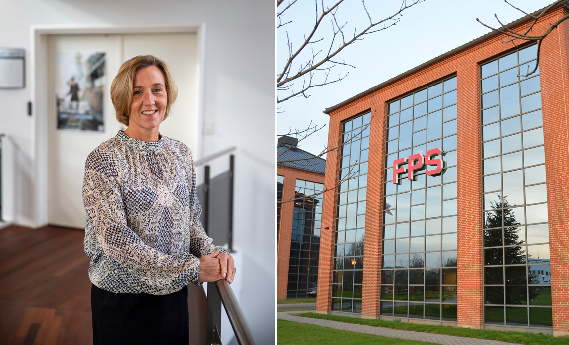 Billede sammensat af to billeder. Til venstre er det et portrætfoto af Janni Torp Kjærgaard, til højre et foto af FPS' facade i Ballerup