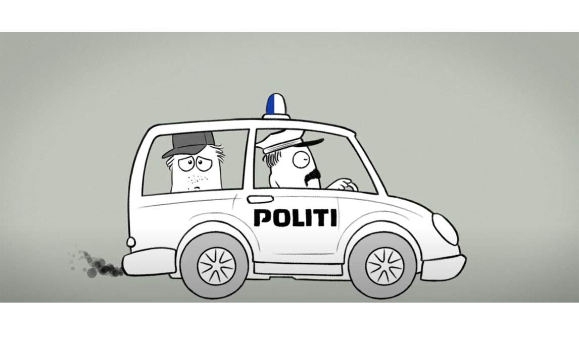 Tegning af en ung mand, der bliver hentet af politiet og kørt til Forsvarets Dag.